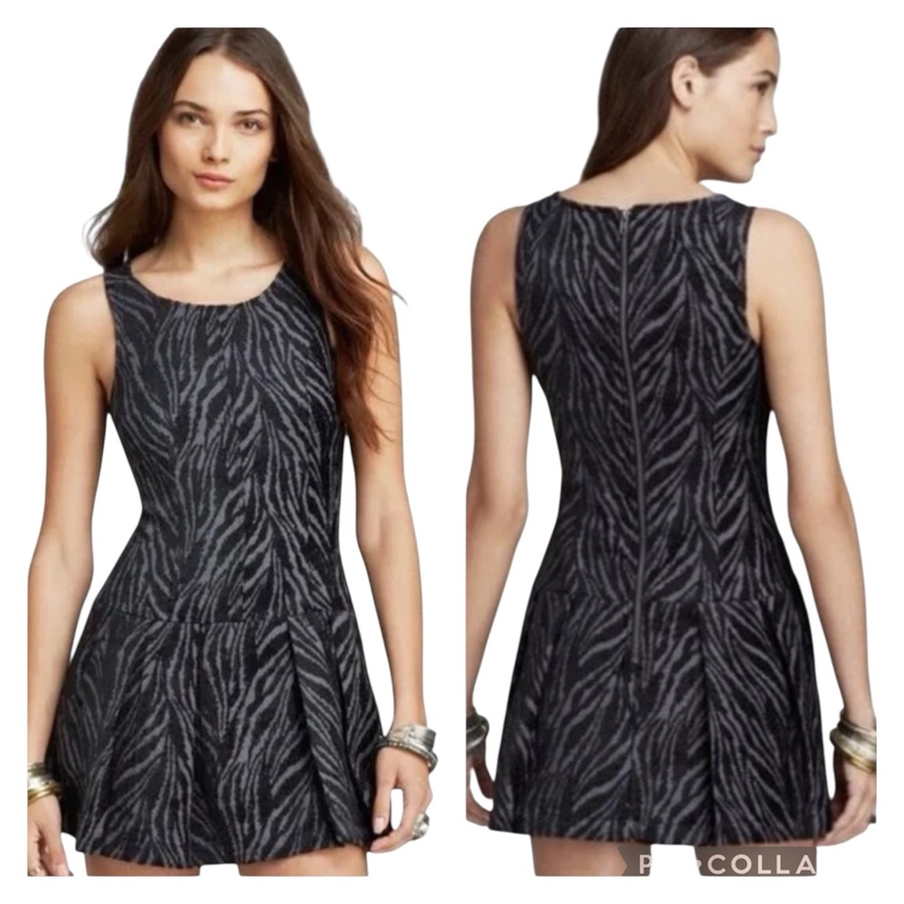 EUC Free People Zebra Chenille Drop Waist Pleated Mini Dress in Black/Grey Combo
